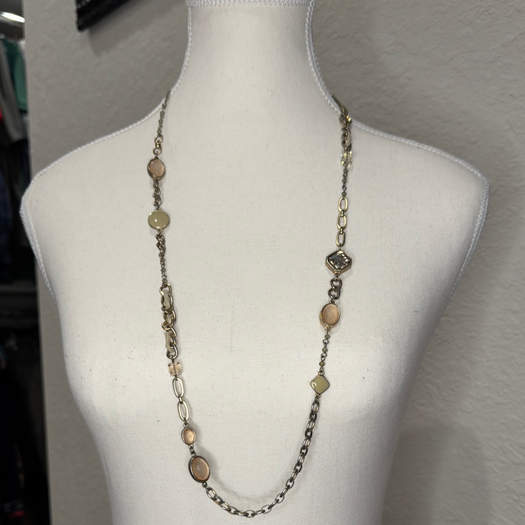 Gold And Silver Long Necklace With Pearlescent Beads 8$